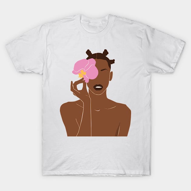 Black Woman Pink Orchid Flower T-Shirt by JunkyDotCom